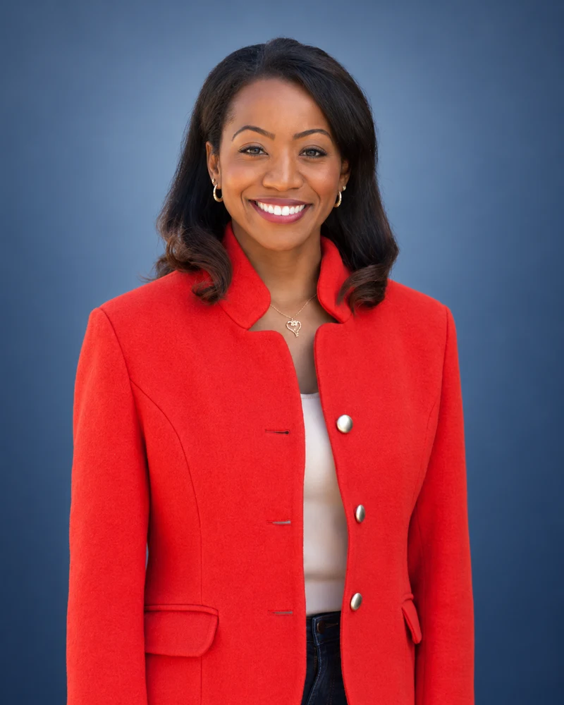 Malia Cohen smiling in a red jacket against an edited slate background.