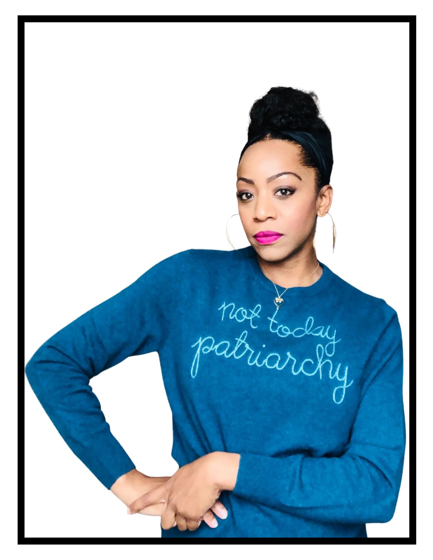 Malia Cohen wearing a blue shirt reading not today patriarchy.